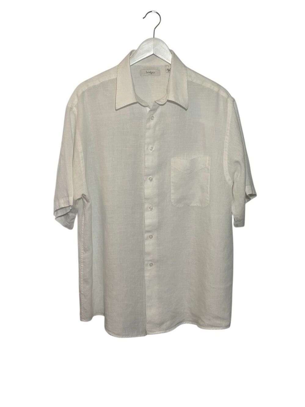 European Turnbury 100% linen white short sleeve button down shirt with chest poc